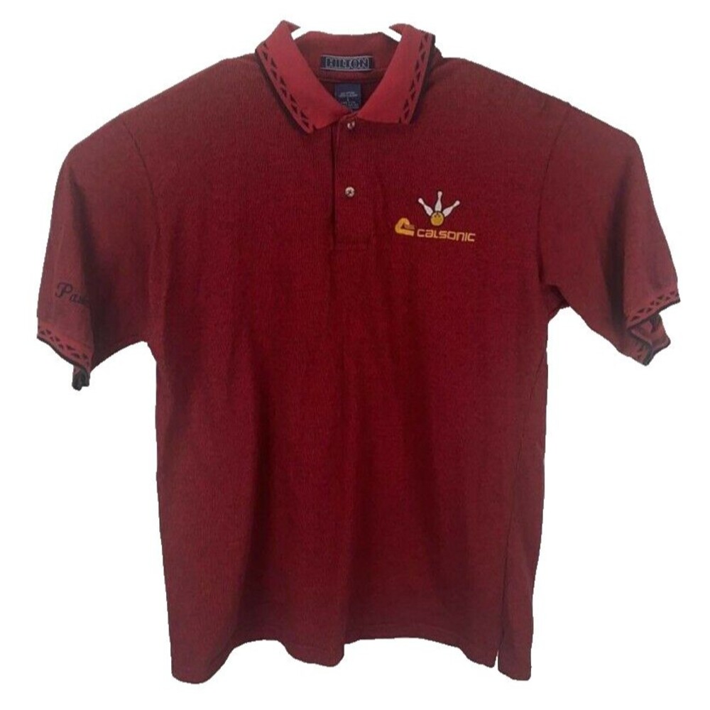 HILTON Calsonic Red Polo Shirt Size Large "Paula on sleeve" VTG